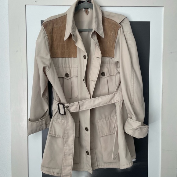 10X Jackets & Blazers - VINTAGE Women's Beige Utility Jacket with Contrasting Suede Yoke